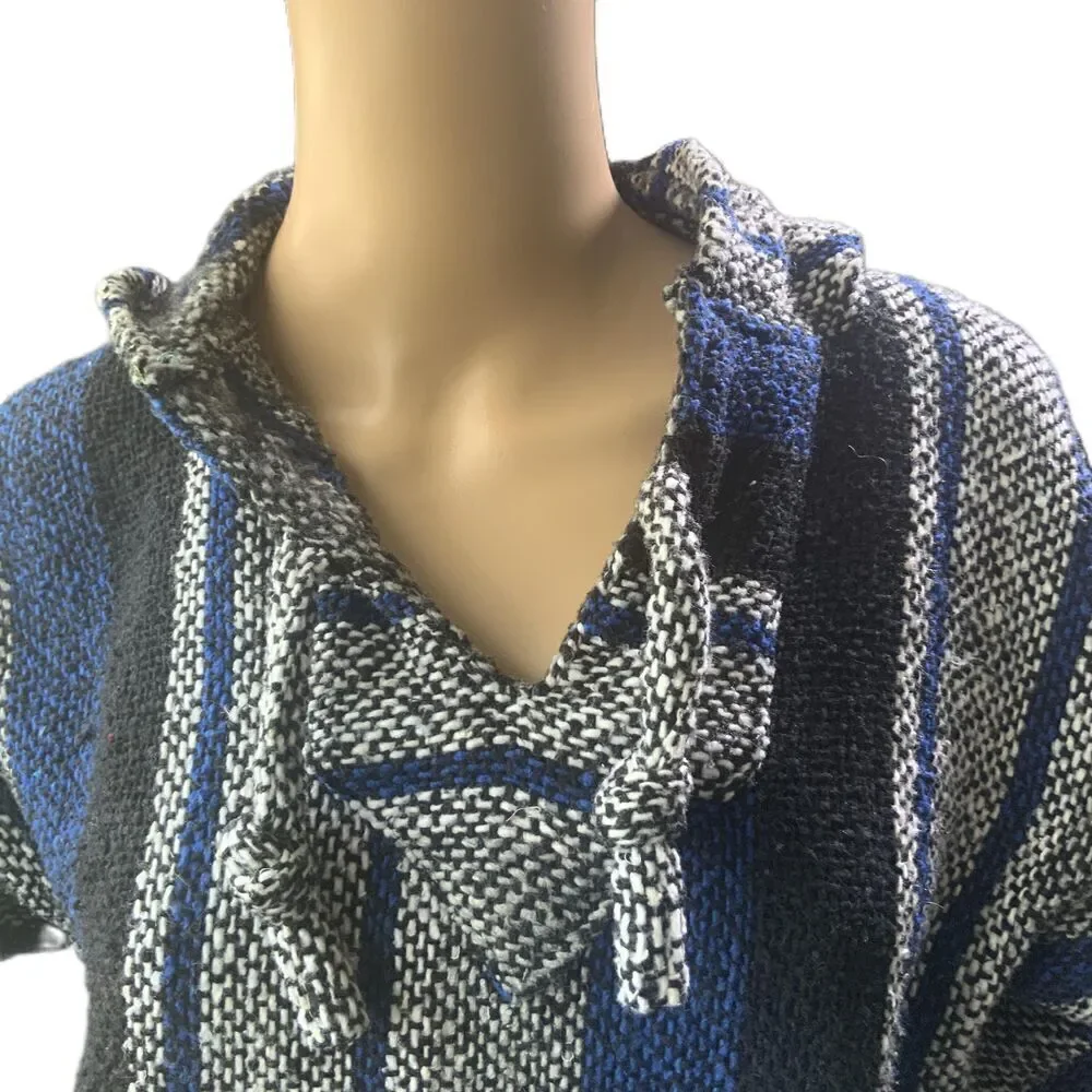 Roxy Blue Striped Hooded Drawstring Baja Sweater Indie Aesthetic Unisex Size Med